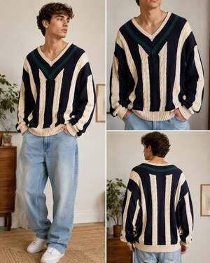 ✨ IZOD Oversized Cable Knit V-Neck Sweater – Navy / Cream / Green – Size L ✨